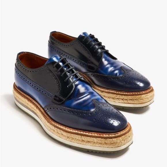 Prada Leather Blue Black Espadrille Oxfords Shoes Brogue Size 7 - Picture 1 of 17